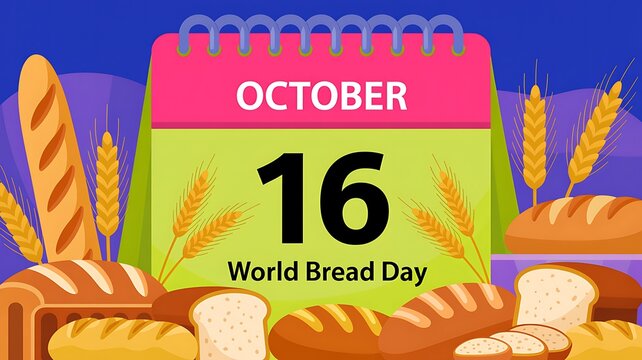 World bread day calendar illustration with various types of bread and wheat stalks on a blue background