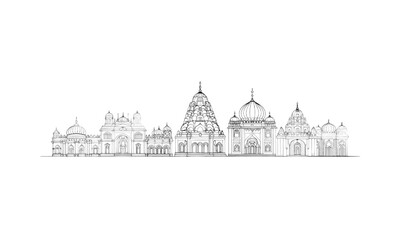 Obraz premium Temple Complex - A group of buildings with domes, outlined in black on a white background grand and spiritual neutral