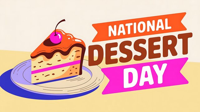 National dessert day banner with a slice of cake on a plate and cherry topping
