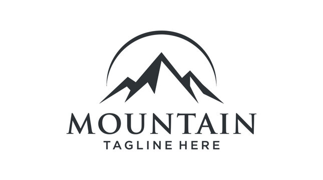 Minimalist mountain logo design featuring sharp peaks and a simple circular arch stroke in solid black color isolated on a clean white professional background vector
