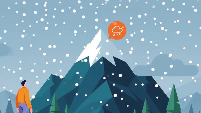 lone person stands admiring a snow-covered mountain peak while gentle white snowflakes fall throughout the landscape in this serene winter scene
