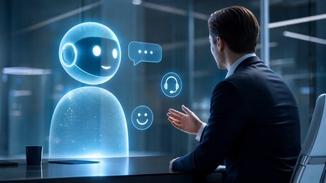 Businessman interacting with a digital AI customer service chatbot in an office