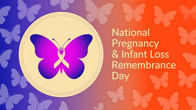 National pregnancy and infant loss remembrance day awareness graphic with purple and orange butterfly background