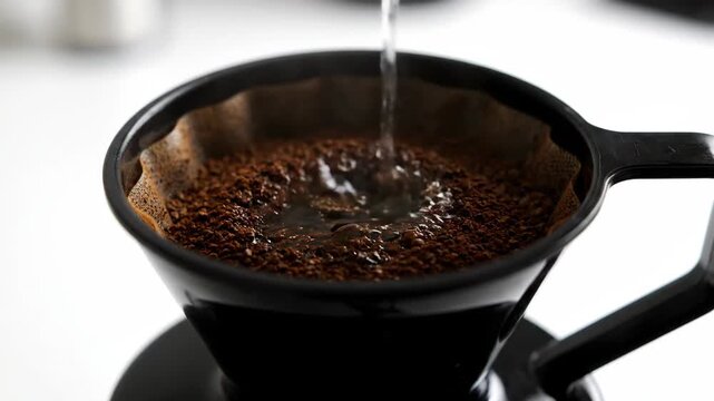 Close-up of a pour-over coffee filter, the process of making pour-over coffee
