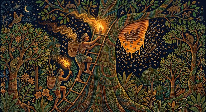 Honey gatherers in the forest in Gond tribal art