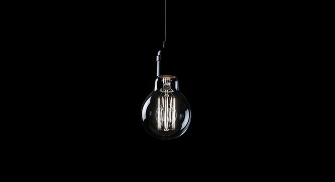 Vintage Edison light bulb pendant lamp photo with warm glowing filament against a black background