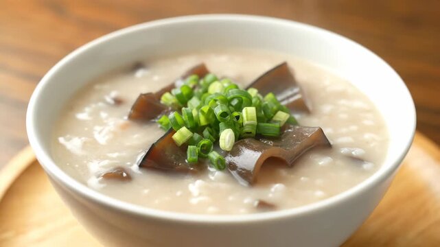 Close-up of a bowl of wood ear and scallion porridge, a nutritious breakfast of preserved egg and lean meat porridge