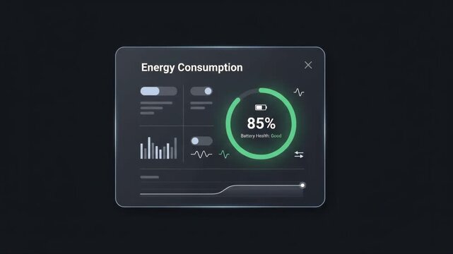 digital energy consumption dashboard showing battery usage percentages bar charts and data trends within a modern minimalist user interface set against a dark solid background