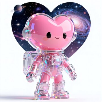 Cute Pink Heart Shaped Astronaut Robot with Galaxy Background