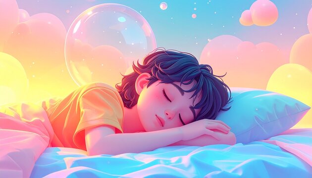 眠る女性のイラスト 幻想的な光とシャボン玉