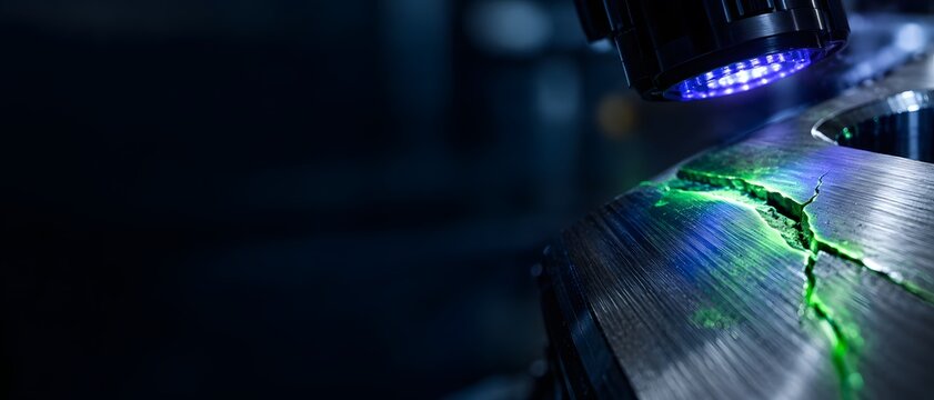 Macro close up of heavy metal component crack inspected by UV light with glowing green fluorescent penetrant, premium non-destructive testing NDT and quality control engineering banner with copy space
