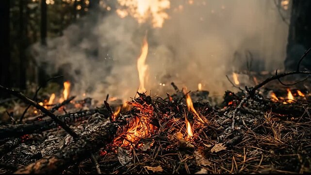 Intense forest fire animation illustrating the progression of flames consuming dry twigs and leaves creating a smoky environment