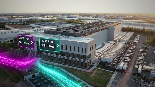 Optical network capacity keeps expanding across Loudoun County, Virginia, generator enclosures and cooling plant flanking another Ashburn fiber interconnect hall. Aerial animation