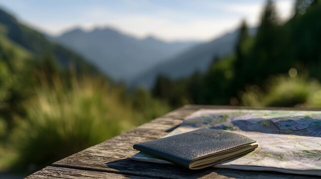 A passport rests on a map atop a wooden table  overlooking a scenic mountain valley with greenery and distant peaks