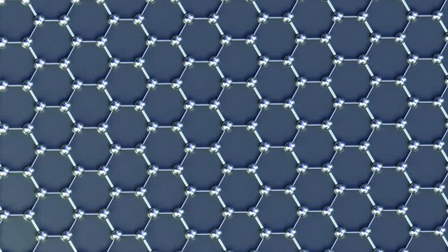 Nano Tech Graphene Structure hexagon loop Spin with an alpha channel Chrome. This nano technology 3D animation represents engineering at the molecular level.