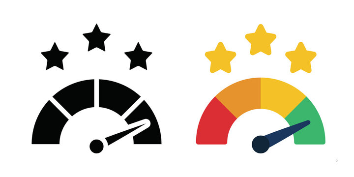 Performance speedometer icons with rating stars. Credit score gauge symbols for financial reports. Colorful tachometer indicators for dashboard UI.