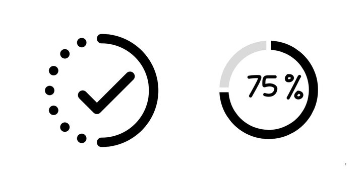 Minimalist loading progress icons, black circular status bar showing 75 percent, completion checkmark symbol on white background