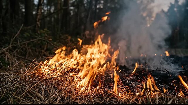 Wildfire in a forest with orange flames and billowing smoke captured over multiple frames
