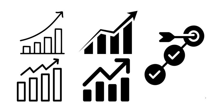 Minimalist business growth icons, black bar charts with rising arrows, financial success and goal achievement symbols on white background