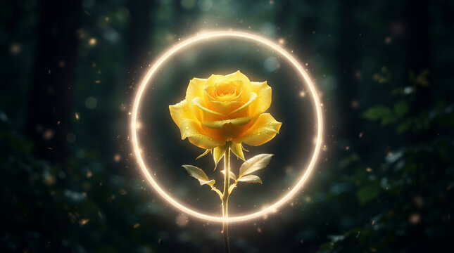 Yellow rose in a glowing circle in a magical forest background
