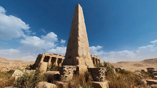 Ancient Egyptian obelisk and ruins in desert landscape