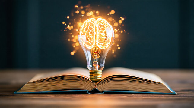 An open book with a glowing light bulb shaped like a brain floating above it, symbolizing knowledge, creativity, and ideas.