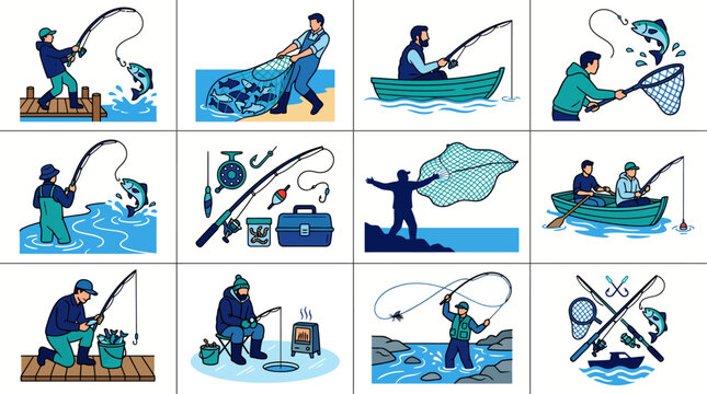 Fishing Activity Flat Vector Set, Angler Casting Rod and Fish Net Illustration, Outdoor Hobby Clipart Collection