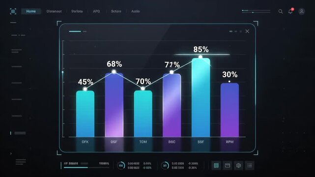 glowing bar chart displaying financial data visualization on a futuristic digital dashboard interface with a dark ui background showcasing statistics and analytical growth metrics in a virtual environ