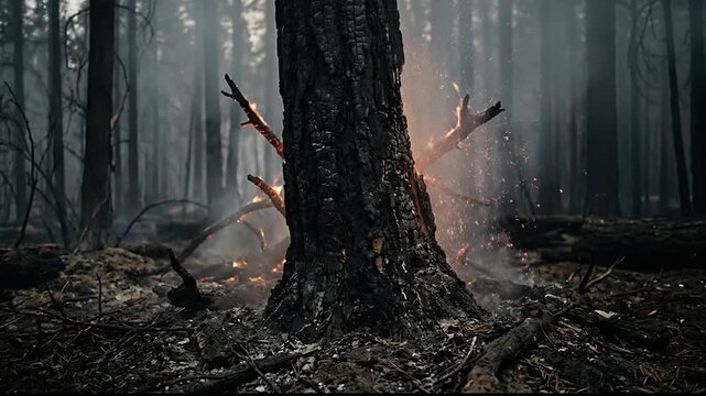 forest fire destruction in a dark foggy woodland with burning trees and smoke rising from charred ground during a mysterious