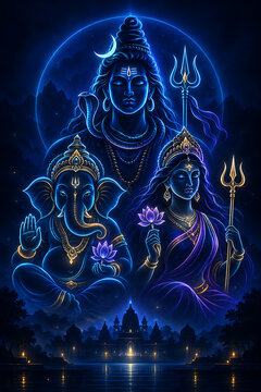 Radiant mahadev with ganesha and durga puja goddess glowing above temple during ganesh chaturthi and maha shivratri in mystical blue mountain night