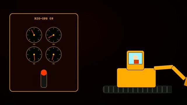 a digital operator interface monitor displays gauge readings while a simplified excavator arm animates rhythmic mechanical motions against a flat dark brown studio environment backdrop