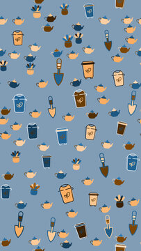 Pattern of teapots, potted plants, and garden tools