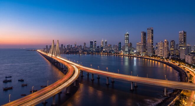 Mumbai skyline at blue hour with the sea link bridge