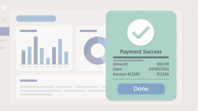 minimalist checkmark icon displayed on a digital interface card with bar and pie charts presented in the background representing data completion and business success analytics on a screen