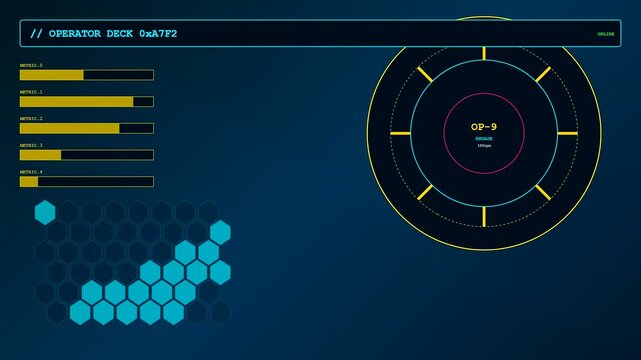A digital operator interface display cycles through multiple status bars and glowing hexagonal grids in this fast paced sequence of a futuristic control room console screen