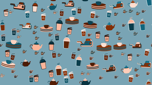 Seamless pattern of teapots, cups, toasters, and disposable cups