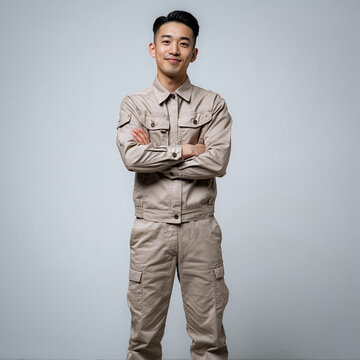 Male worker poses confidently against a clean studio background, present skilled labor, industrial work, and professional workforce.