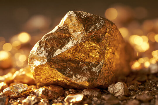 Gold nugget on dark soil with warm sparkling light and rich metallic texture, creating dramatic natural treasure scene for mining imagery