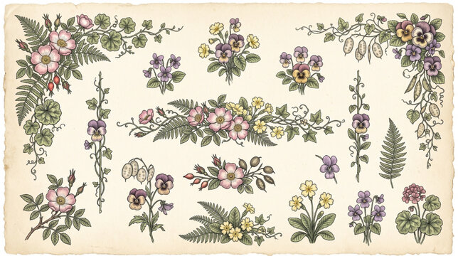 Victorian Garden Botanical Decoration Collection with Violets, Pansies, Ferns and Flowering Branches