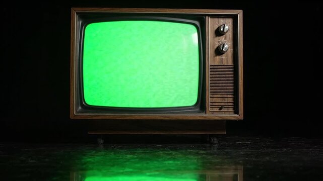Retro TV Set with Green Screen on Dark Surface