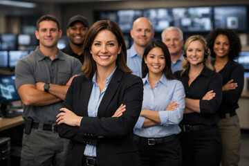Fototapeta premium Home security manager leads diverse residential security team in modern operations office, highlighting alarm systems, monitoring services, smart home protection and customer support.