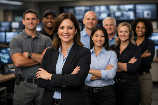 Home security manager leads diverse residential security team in modern operations office, highlighting alarm systems, monitoring services, smart home protection and customer support.