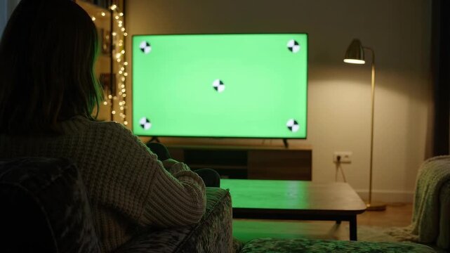 Person Watching Green Screen TV in Dark Cozy Room