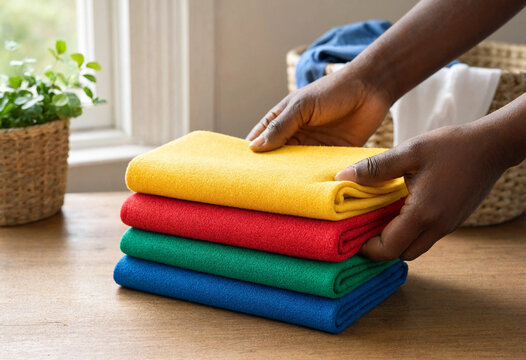 Hands gently place colorful microfiber cloths on a wooden table