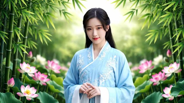The back of a woman in ancient costume is reflected among the lotus flowers in the bamboo forest, and the woman in ancient costume in the bamboo forest smiles lightly