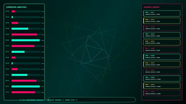 A digital operator interface displays multiple geometric patterns and real time analytical data streams across three distinct scrolling panels inside a dark virtual control environment