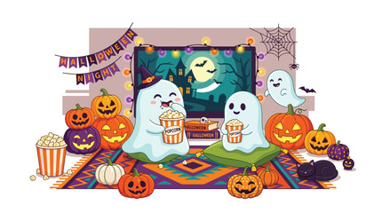 Fototapeta premium Cute ghost characters watching horror movies with popcorn and colorful pumpkins in a festive vector illustration