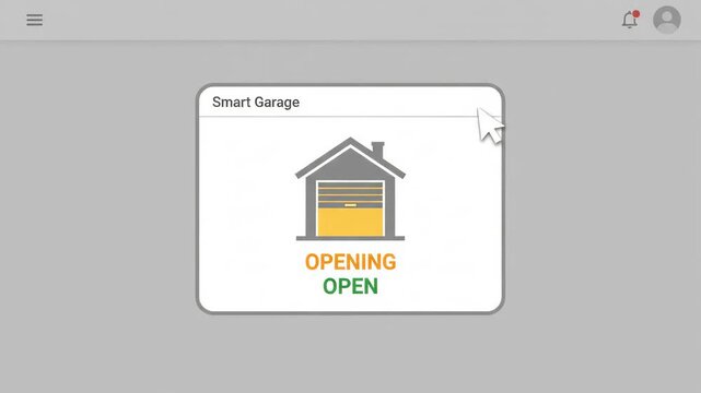 digital smart garage control interface displays a closed status icon on a mobile device screen against a minimalist gray dashboard background with user notification and account profile settings
