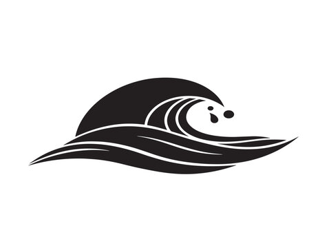 Minimalist black and white whale surfing on abstract wave vector icon illustration