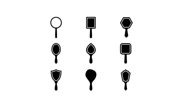 Minimalist hand mirror vector icon set with solid black looking glass signs for modern wardrobe logo